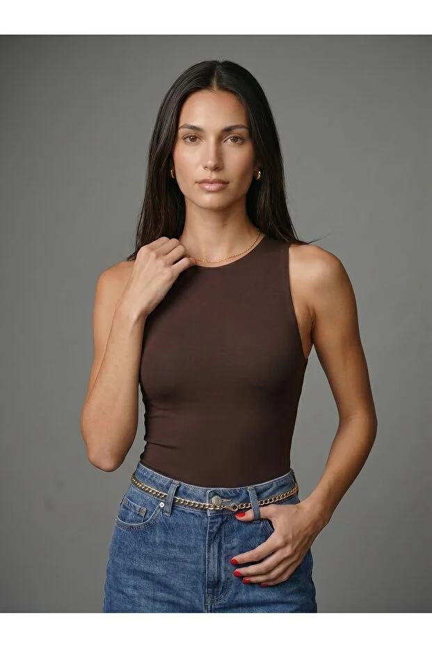 Noe Collection Kadın Kahverengi Halter Yaka Slim Fit Likralı Bodysuit Günlük Şık Çıtçıtlı Body