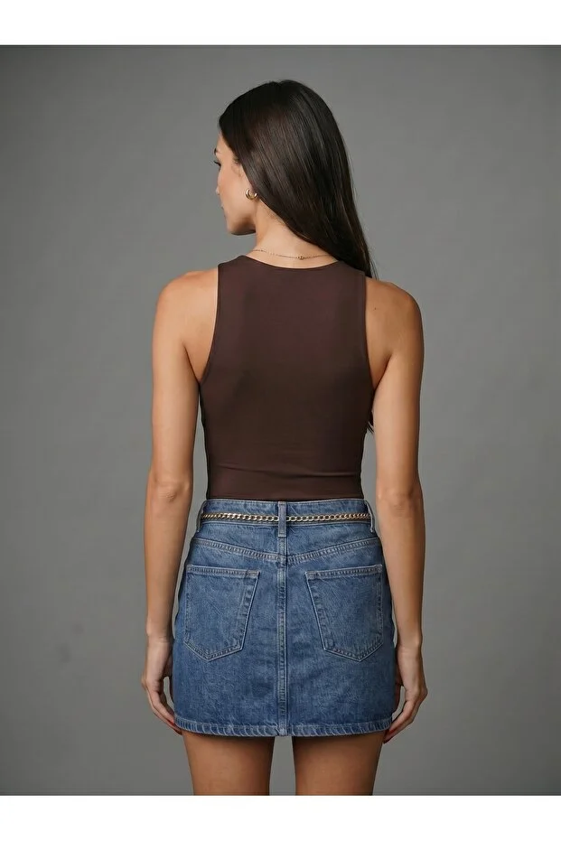 Noe Collection Kadın Kahverengi Halter Yaka Slim Fit Likralı Bodysuit Günlük Şık Çıtçıtlı Body 5