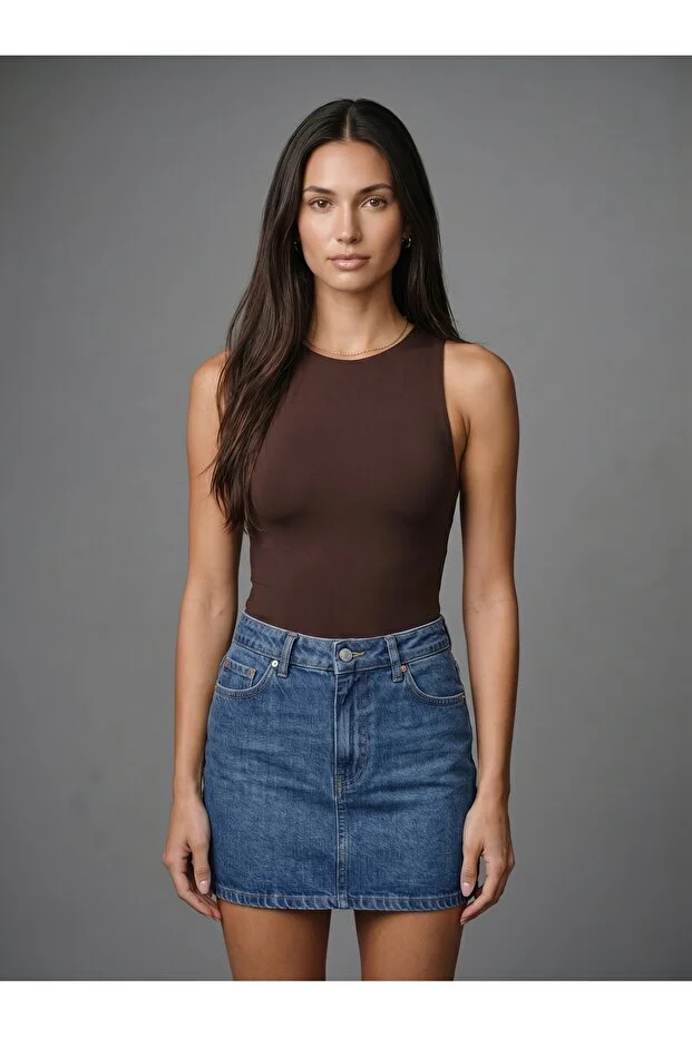 Noe Collection Kadın Kahverengi Halter Yaka Slim Fit Likralı Bodysuit Günlük Şık Çıtçıtlı Body 2