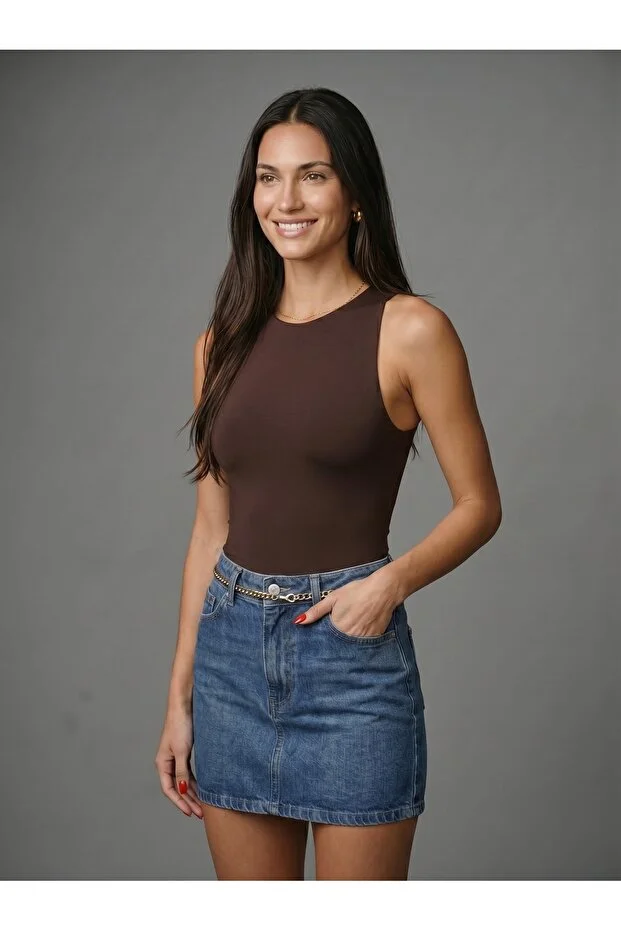 Noe Collection Kadın Kahverengi Halter Yaka Slim Fit Likralı Bodysuit Günlük Şık Çıtçıtlı Body 3