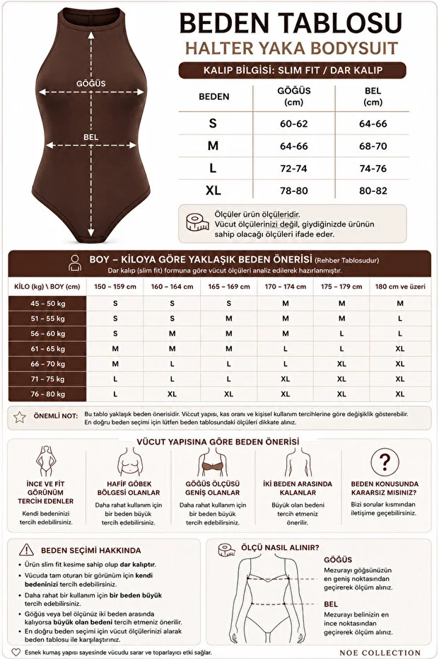 Noe Collection Kadın Kahverengi Halter Yaka Slim Fit Likralı Bodysuit Günlük Şık Çıtçıtlı Body 6
