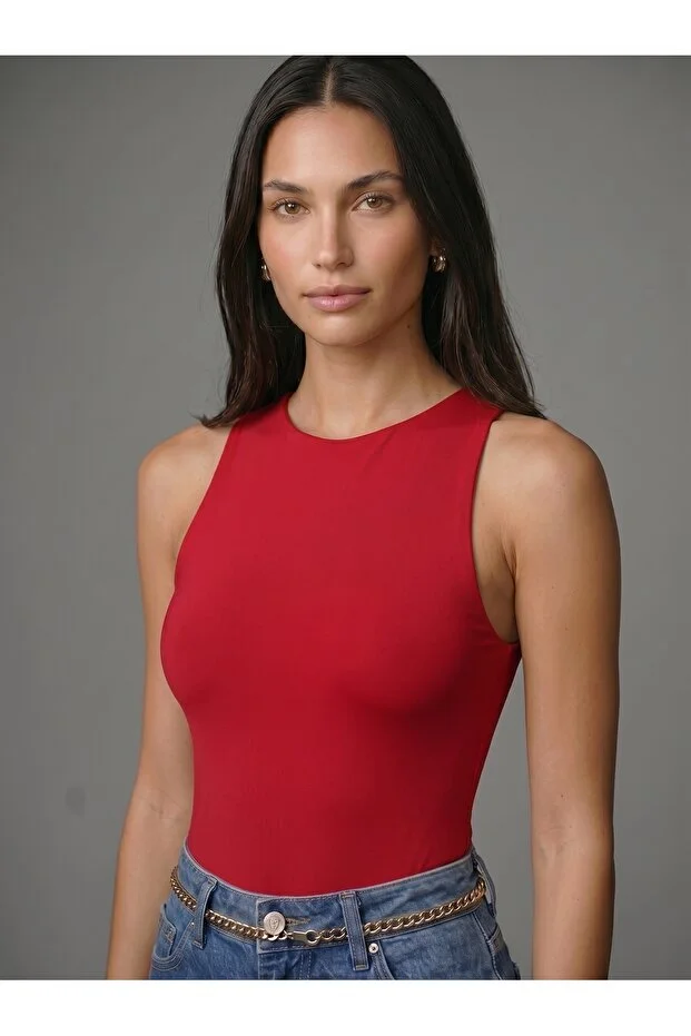 Noe Collection Kadın Kırmızı Halter Yaka Slim Fit Likralı Bodysuit Günlük Şık Çıtçıtlı Body 4