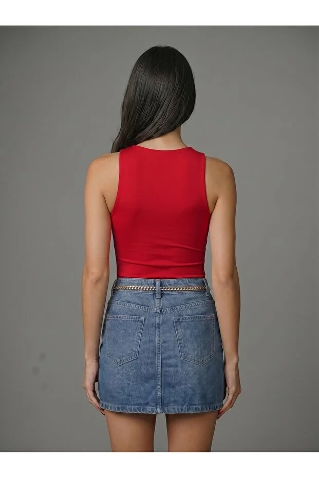 Noe Collection Kadın Kırmızı Halter Yaka Slim Fit Likralı Bodysuit Günlük Şık Çıtçıtlı Body 5