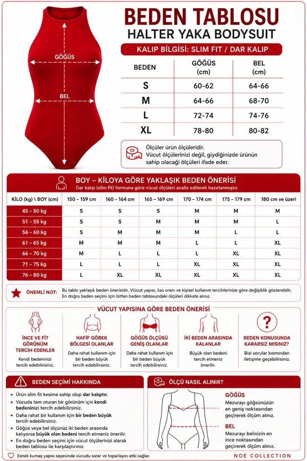 Noe Collection Kadın Kırmızı Halter Yaka Slim Fit Likralı Bodysuit Günlük Şık Çıtçıtlı Body 6