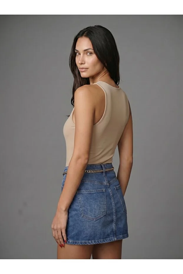 Noe Collection Kadın Bej Halter Yaka Slim Fit Likralı Bodysuit Günlük Şık Çıtçıtlı Body 2