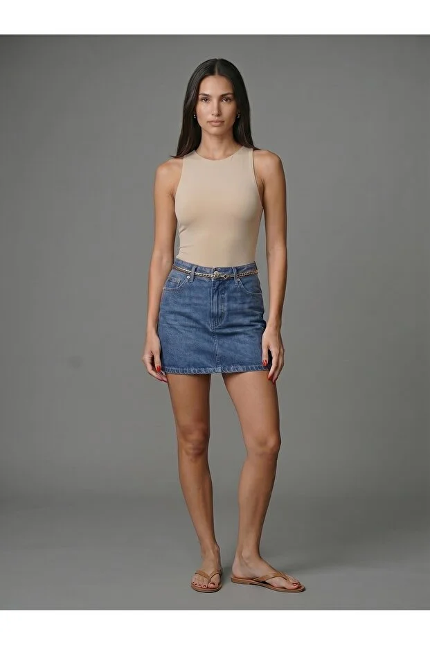 Noe Collection Kadın Bej Halter Yaka Slim Fit Likralı Bodysuit Günlük Şık Çıtçıtlı Body 3