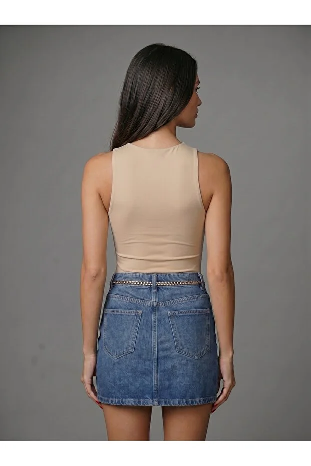 Noe Collection Kadın Bej Halter Yaka Slim Fit Likralı Bodysuit Günlük Şık Çıtçıtlı Body 4